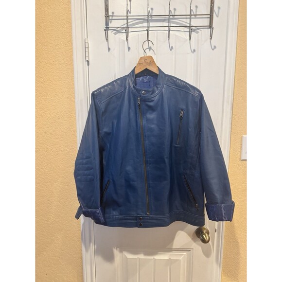 Mens Blue Biker Jacket Faux Leather/Leather Motorcycle Style Racer Jacket XXL - Picture 1 of 16